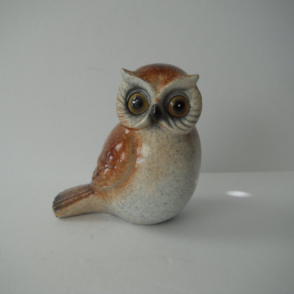 Vintage Ceramic Owl Figurine Art Pottery 3" Brown Big Eyes